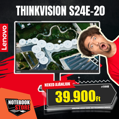 Lenovo ThinkVision S24e-20 Monitor (62AEKAT2EU) - 23.8" FullHD (1920x1080), VA, 16:9, 3000:1, 250cd/m2, HDMI, VGA, 3 év garancia, Fekete színben