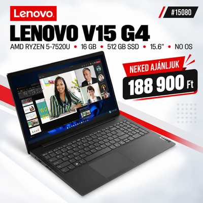 Lenovo V15 G4 Notebook (82YU00YQHV) - 15.6" FullHD, AMD Ryzen 5-7520U, 16GB RAM, 512GB SSD, Magyar billentyűzet, Operációs rendszer nélkül, 3 év garancia, Fekete színben