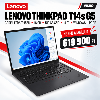 Lenovo ThinkPad T14s G5 Notebook (21LS002BHV) - 14.0" WUXGA, Intel Core Ultra 7-155U, 16GB RAM, 512GB SSD, Magyar billentyűzet, Windows 11 Professional, 3 év garancia, Fekete színben