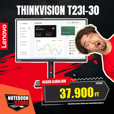 Lenovo ThinkVision T23i-30 Monitor (63B2MAT6EU) - 23" FullHD (1920x1080) IPS, 16:9, 1000:1, 250cd/m2, 4ms, HDMI, DisplayPort, VGA, 4x USB Type-A, USB Type-B, 3 év garancia, Fekete színben