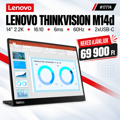Lenovo ThinkVision M14d Monitor (63AAUAT6WL) - 14" 2.2K (2240x1400), 16:10, 6ms, VESA, 2xUSB Type-C, 60hz, 3 év garancia, Fekete színben