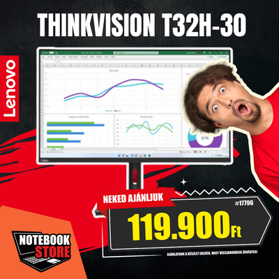 Lenovo ThinkVision T32h-30 Docking Monitor (63D3GAT1EU) - 31.5" QHD (2560x1440), IPS, 16:9, 1000:1, 350cd/m2, 4ms, HDMI, DisplayPort, USB-C, RJ45, 3 év garancia, Fekete színben