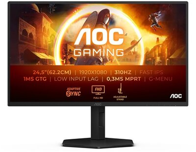 AOC 25G4SXU Gaming monitor (25G4SXU) - 24.5" FullHD (1920x1080), 310Hz, WLED, 16:9, 3400cd/m2, 0,3ms, HDMIx2/DisplayPort/USBx4, 3 év garancia, Fekete színben