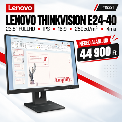 Lenovo ThinkVision E24-40 Monitor (64BAMAT1EU) - 23.8" FullHD (1920x1080) IPS, 16:9, 1300:1, 250cd/m2, 4ms, HDMI, DisplayPort, VGA, 3 év garancia, Fekete színben