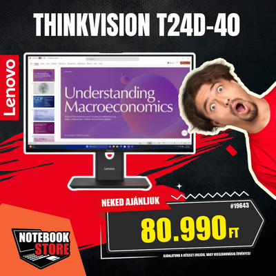 Lenovo ThinkVision T24D-40 Docking Monitor (64B9GAT1EU) - 23.8" FullHD (1920x1080), IPS, 16:9, 4/6ms, 1500:1, 250nits, 48Hz-120Hz, HDMI, DisplayPort, USB-C, RJ45, Hangszóró, 3 év garancia, Fekete színben