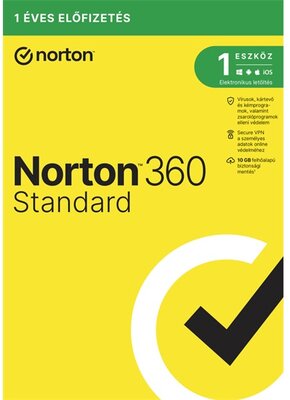 Norton 360 Standard HU Vírusok, kártevő-, kém és zsarolóprogramok elleni védelem (21416707) - 10GB, 1 felhasználó, 1 eszköz/1 év, Dobozos kiszerelés