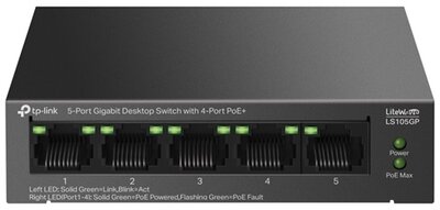 TP-LINK Switch 5x1000Mbps (4xPOE+) Fémházas asztali (LS105GP) - Fekete színben