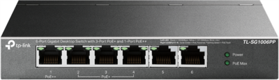 TP-LINK Switch 6x1000Mbps(3xPOE+ + 1xPOE++) fémházas asztali (TL-SG1006PP)