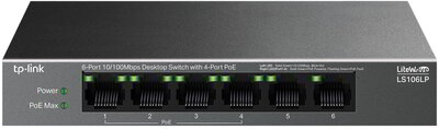 TP-LINK Switch 6x100Mbps (4xPoE) fémházas asztali (LS106LP)