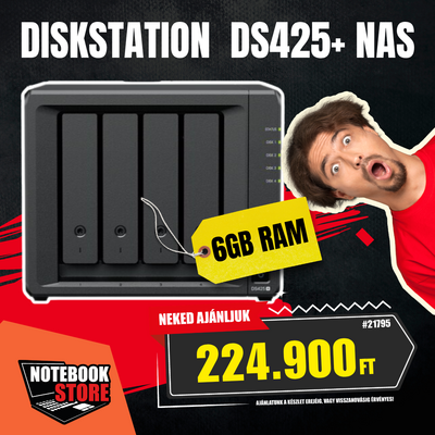 Synology DiskStation DS425+ NAS hálózati adattároló (DS425+6GB) - Intel Celeron J4125, 6GB RAM, Háttértár nélkül (Max 4x)