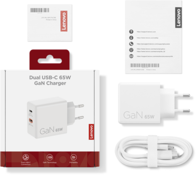 Lenovo Dual USB-C 65W GaN Charger (G0A6065WEU) hálózati töltő adapter, Fehér színben
