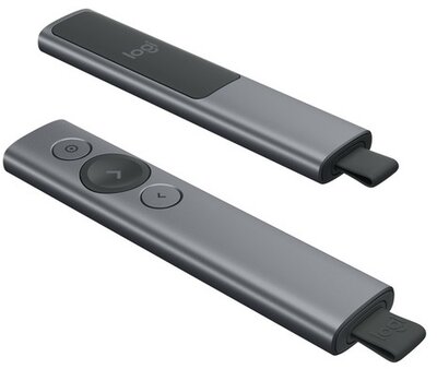 Logitech Spotlight Presentation Remote Presenter (910-004861) - Prezenter - hatótávolsága: 30 m, USB vevőegység, lézer pointer, akkumulátor és giroszkóp, Szürke szín