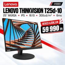 Lenovo ThinkVision T25d-10 Monitor (61DBMAT1EU) - 25" WUXGA (1920x1200). IPS, 16:10, 1000:1, 300cd/m2, 6ms, HDMI, DisplayPort, VGA, USB, 3 év garancia, Fekete színben