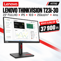 Lenovo ThinkVision T23i-30 Monitor (63B2MAT6EU) - 23" FullHD (1920x1080) IPS, 16:9, 1000:1, 250cd/m2, 4ms, HDMI, DisplayPort, VGA, 4x USB Type-A, USB Type-B, 3 év garancia, Fekete színben