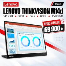 Lenovo ThinkVision M14d Monitor (63AAUAT6WL) - 14" 2.2K (2240x1400), 16:10, 6ms, VESA, 2xUSB Type-C, 60hz, 3 év garancia, Fekete színben