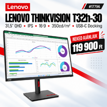 Lenovo ThinkVision T32h-30 Docking Monitor (63D3GAT1EU) - 31.5" QHD (2560x1440), IPS, 16:9, 1000:1, 350cd/m2, 4ms, HDMI, DisplayPort, USB-C, RJ45, 3 év garancia, Fekete színben