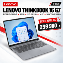 Lenovo ThinkBook 16 G7 Notebook (21MW0014HV) - 16.0" WUXGA, AMD Ryzen 5-7535HS, 16GB RAM, 512GB SSD, Magyar billentyűzet, Windows 11 Professional, 3 év garancia, Szürke színben