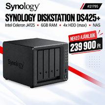 Synology DiskStation DS425+ NAS hálózati adattároló (DS425+6GB) - Intel Celeron J4125, 6GB RAM, Háttértár nélkül (Max 4x)