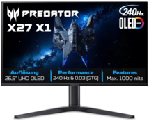 Acer Predator X27X1bmiippruzx ZeroFrame Gamer Monitor (UM.GXXEE.109) - 27" UHD (3840x2160) OLED, 16:9, 240Hz, Zero Frame, FreeSync, 0,03ms, 350nits, 2xHDMI, 2xDisplayPort, 2xUSB 3 év garancia, Fekete színben